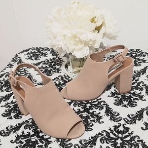 Steve Madden Carrine Blush Pink Suede Peep Toe Ankle Strap Chunky Heel Sandals